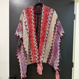 Multicolor Knit Poncho with Fringe